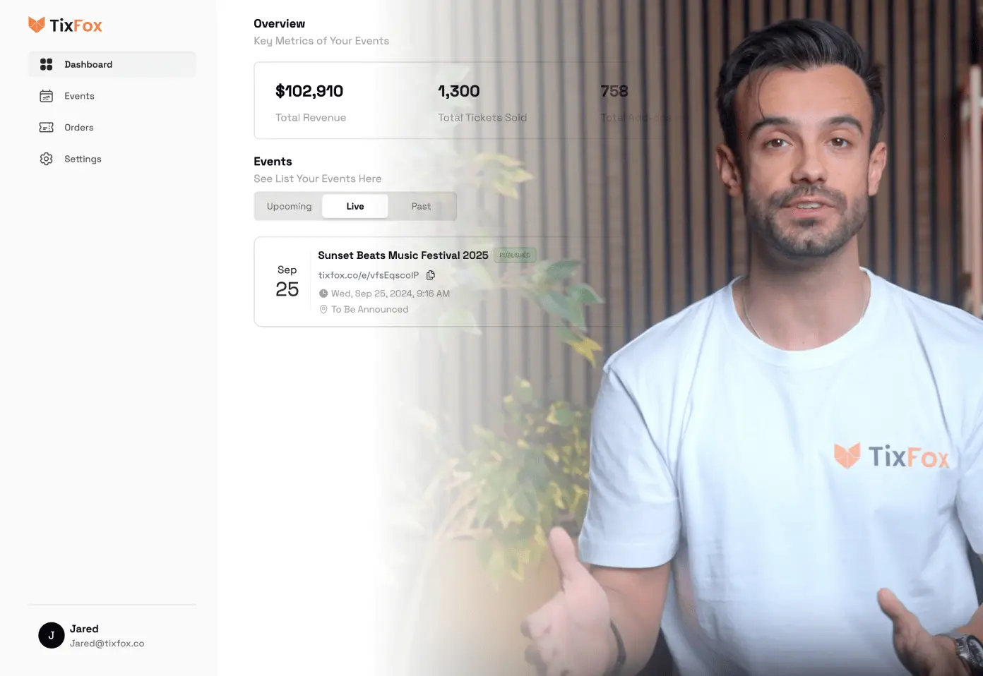 TixFox Event Ticketing Dashboard — manage events, sell tickets and track sales